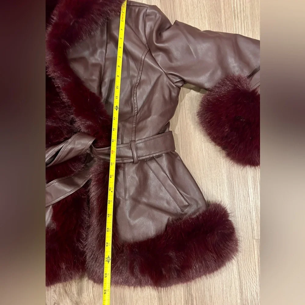 AZALEA WANG Kenzy Faux Leather And Faux Fur Coat Burgundy Size Medium - Picture 11 of 12